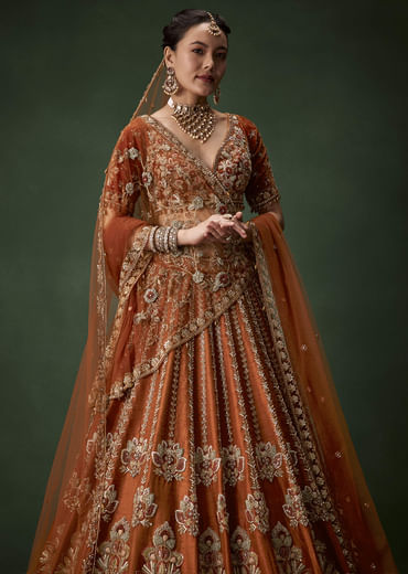 Rust Bridal Raw Silk Embellished Lehenga Set with Two Dupattas