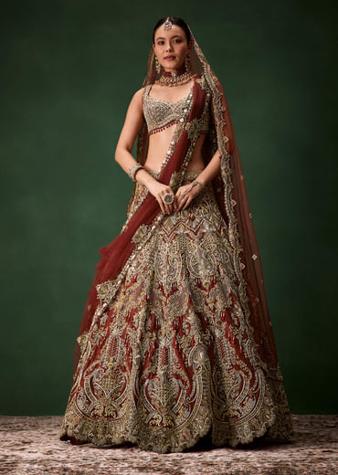 Rust Bridal Silk Embellished Lehenga Set with  Two Dupattas