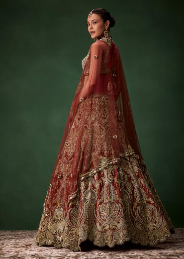 Rust Bridal Silk Embellished Lehenga Set with  Two Dupattas