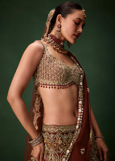 Rust Bridal Silk Embellished Lehenga Set with  Two Dupattas