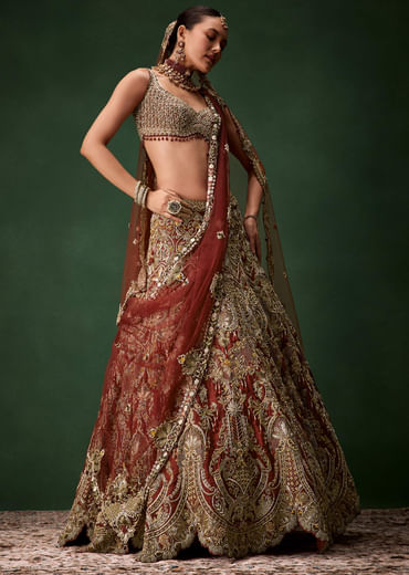Rust Bridal Silk Embellished Lehenga Set with  Two Dupattas