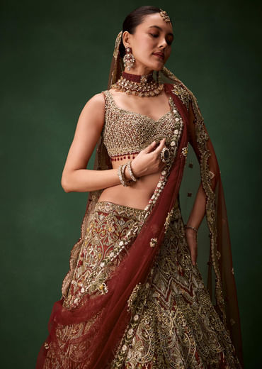 Rust Bridal Silk Embellished Lehenga Set with  Two Dupattas