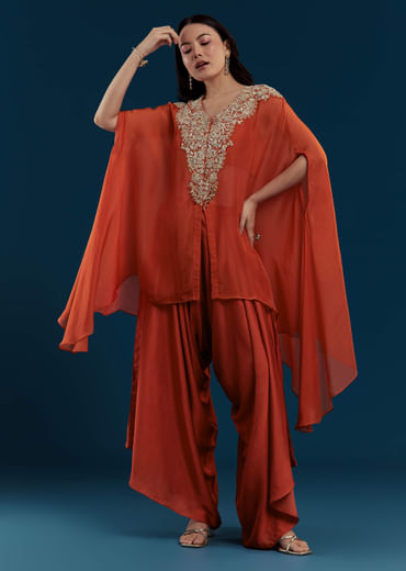Rust Cape and Dhoti Set with Zardozi Work