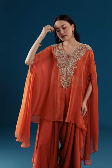 Rust Cape and Dhoti Set with Zardozi Work