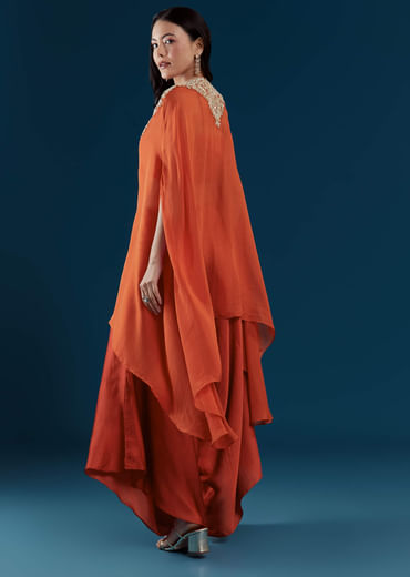 Rust Cape and Dhoti Set with Zardozi Work