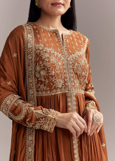 Rust Chinon Anarkali Suit With Heavy Embroidery