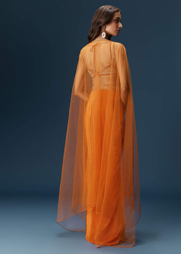 Rust Dhoti Skirt Set With Embellished Blouse And Tassel Net Dupatta