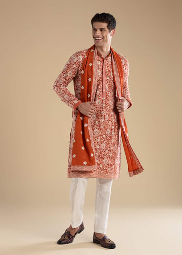 Rust Embroidered Silk Kurta Set with Dupatta