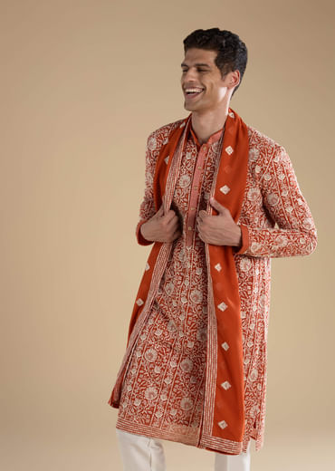 Rust Embroidered Silk Kurta Set with Dupatta