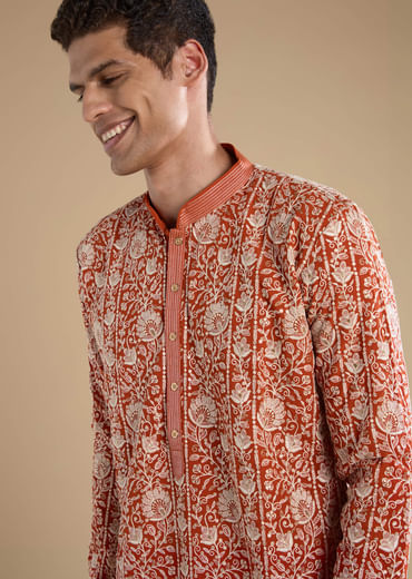 Rust Embroidered Silk Kurta Set with Dupatta