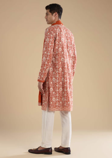 Rust Embroidered Silk Kurta Set with Dupatta