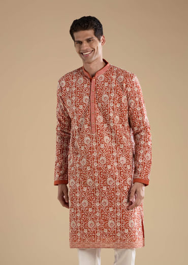 Rust Embroidered Silk Kurta Set with Dupatta