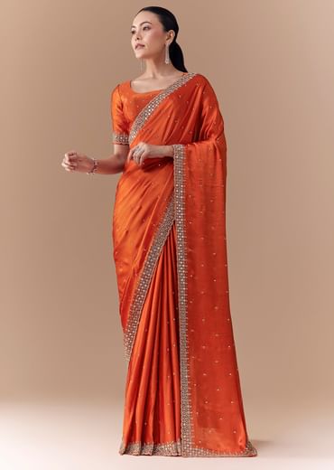 Rust Orange Embroidered Border Saree with Blouse Fabric