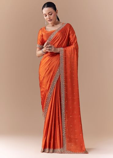 Rust Orange Embroidered Border Saree with Blouse Fabric
