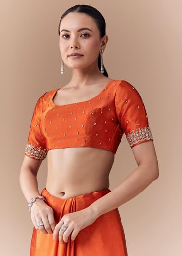 Rust Orange Embroidered Border Saree with Blouse Fabric