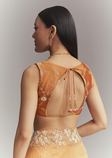 Rust Orange Georgette Embroidered Saree With Heavy Hand Embroidery