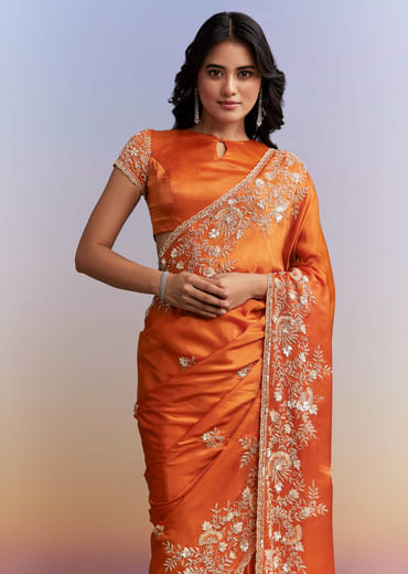 Rust Orange Satin Saree With Heavy Hand Embroidery