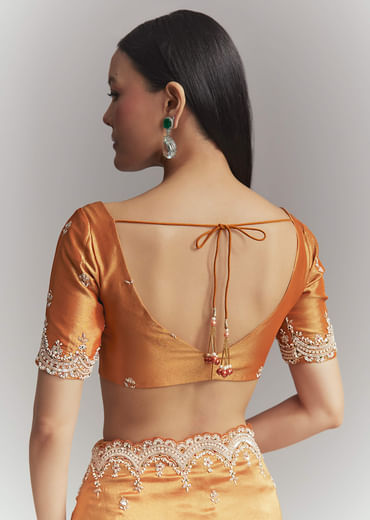 Rust Orange Silk Embroidered Saree With Heavy Hand Embroidery