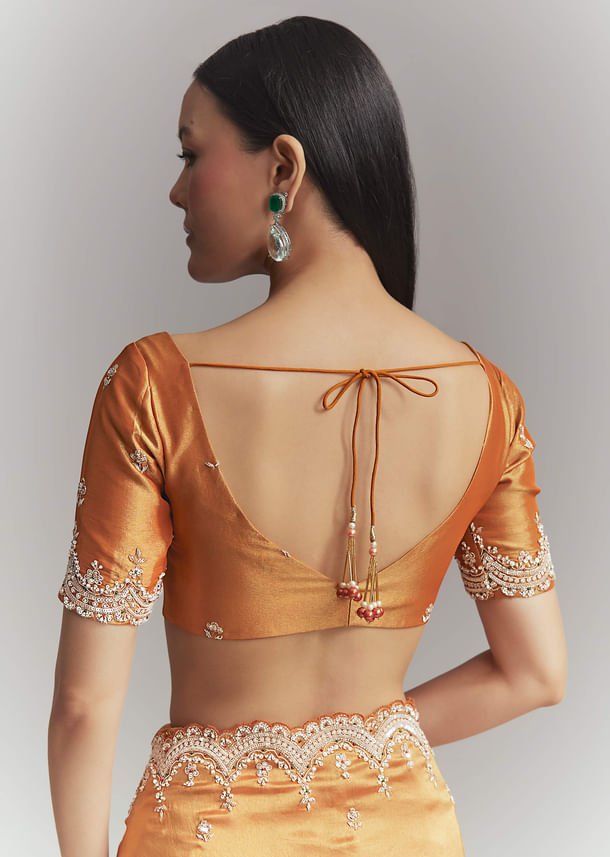Rust Orange Silk Embroidered Saree With Heavy Hand Embroidery