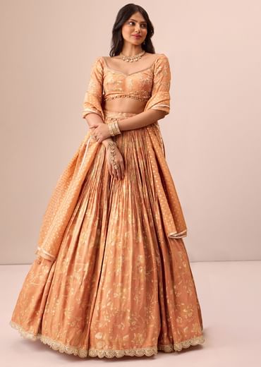 Rust Orange Tassel Embroidered Blouse With Lehenga And Dupatta