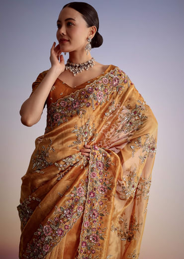 Rust Orange Tissue Cutdana Embroidered Saree