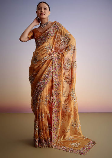 Rust Orange Tissue Cutdana Embroidered Saree