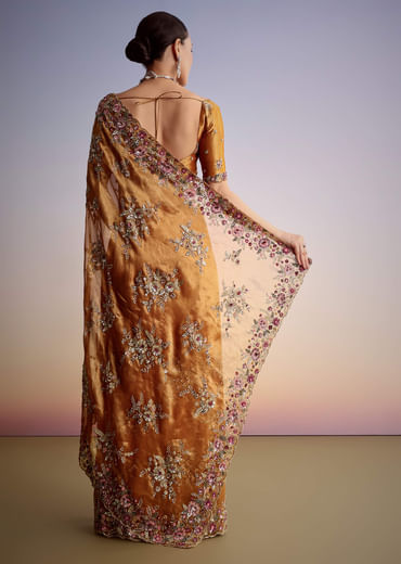 Rust Orange Tissue Cutdana Embroidered Saree