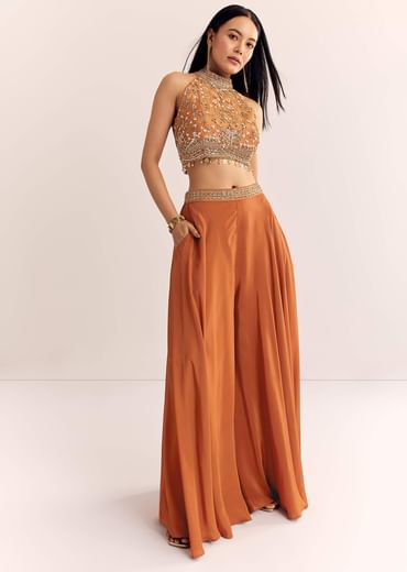 Rust Orange Tissue Embroidered Croptop With Palazzo