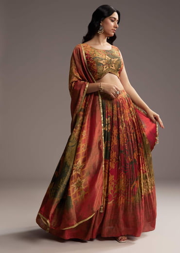 Rust Orange Tissue Lehenga Choli With Floral Print