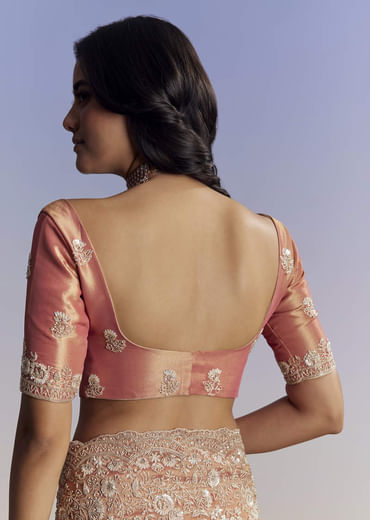 Rust Orange Tissue Saree With Floral Embroidery In Cutdana Sequins And Beads