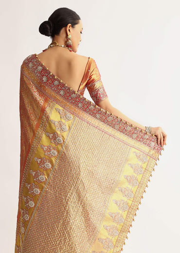 Rust Orange Tissue Saree With Heavily Embroidered Border And Pallu
