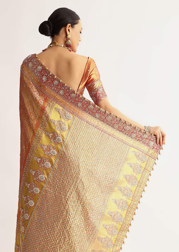 Rust Orange Tissue Saree With Heavily Embroidered Border And Pallu