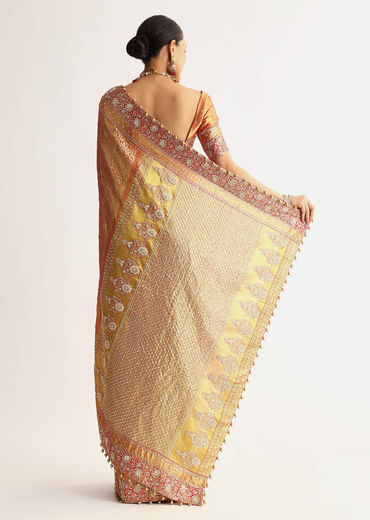 Rust Orange Tissue Saree With Heavily Embroidered Border And Pallu