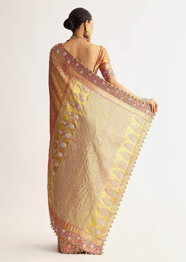 Rust Orange Tissue Saree With Heavily Embroidered Border And Pallu