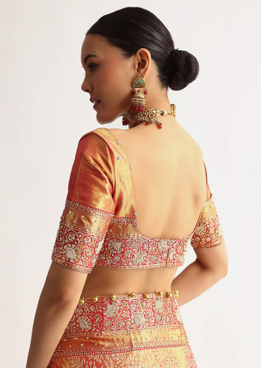 Rust Orange Tissue Saree With Heavily Embroidered Border And Pallu