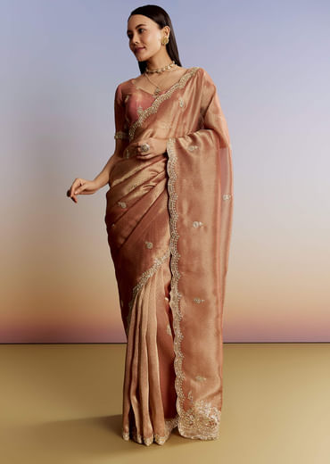 Rust Orange Tissue Saree With Zardosi Beads And Sequins Embroidery