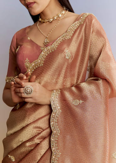 Rust Orange Tissue Saree With Zardosi Beads And Sequins Embroidery