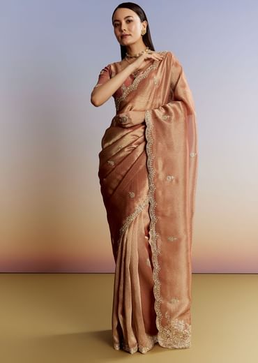 Rust Orange Tissue Saree With Zardosi Beads And Sequins Embroidery