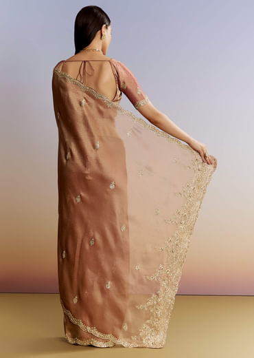 Rust Orange Tissue Saree With Zardosi Beads And Sequins Embroidery