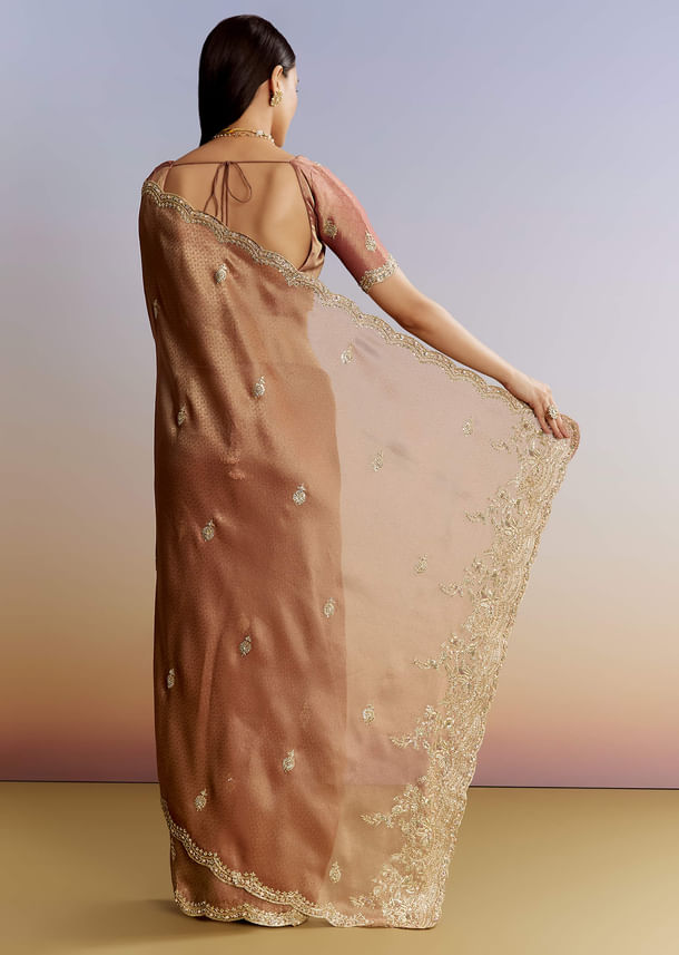 Rust Orange Tissue Saree With Zardosi Beads And Sequins Embroidery