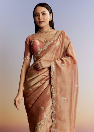 Rust Orange Tissue Saree With Zardosi Beads And Sequins Embroidery