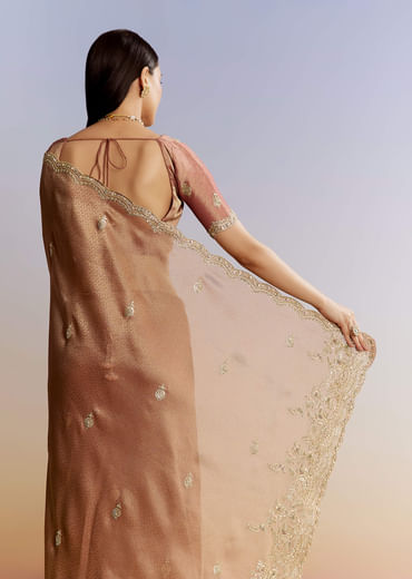 Rust Orange Tissue Saree With Zardosi Beads And Sequins Embroidery