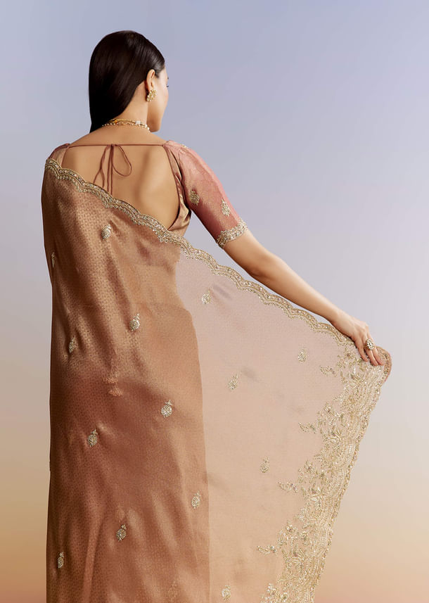 Rust Orange Tissue Saree With Zardosi Beads And Sequins Embroidery