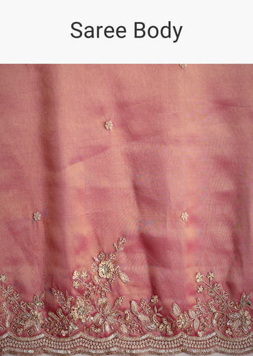 Rust Pink Tissue Saree With Zardosi Cutdana Embroidery