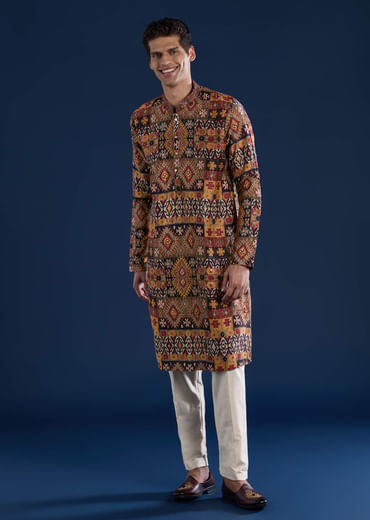 Rust Rawsilk Printed Mens Kurta and Pant Set