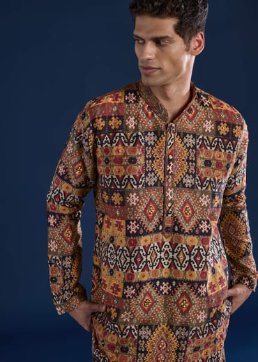 Rust Rawsilk Printed Mens Kurta and Pant Set
