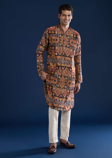 Rust Rawsilk Printed Mens Kurta and Pant Set