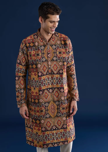 Rust Rawsilk Printed Mens Kurta and Pant Set