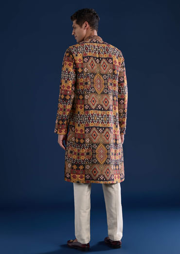 Rust Rawsilk Printed Mens Kurta and Pant Set
