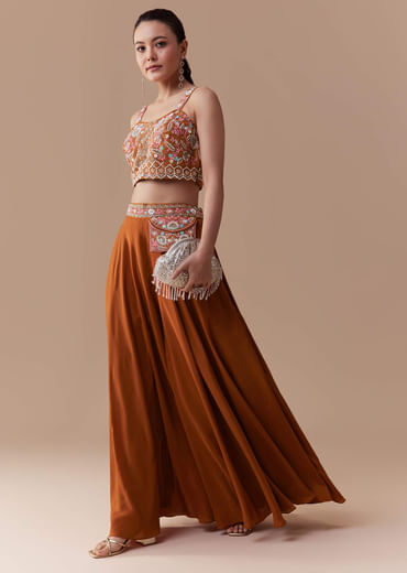 Rust Silk Crop Top Palazzo Set with Cudtana Embroidery